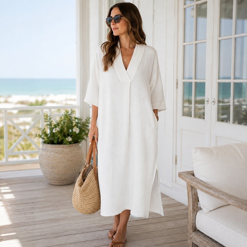 Honest Cotton White Double Gauze Tunic Dress OS Lagenlook Coastal Minimalist